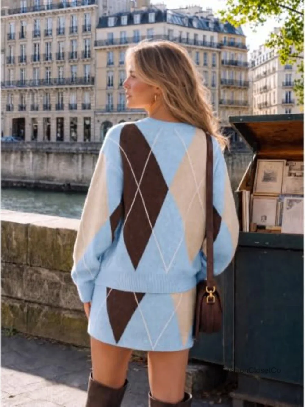 Women's Argyle Knit 2 Piece Skirt Set Long Sleeve Sweater & Mini Skirt